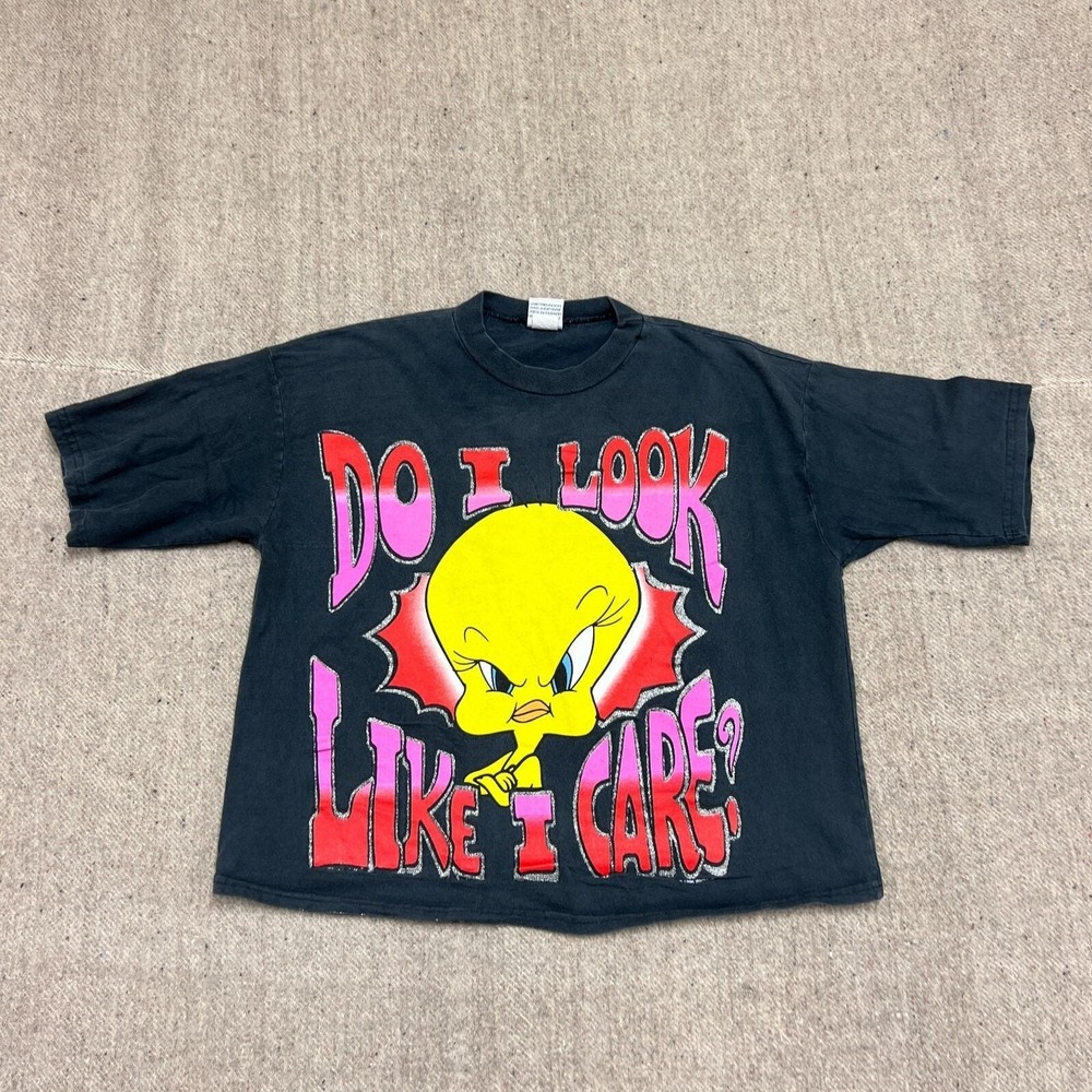 Vintage Tweety Bird Shirt Mens Large Black 1990s Cropped Looney Tunes